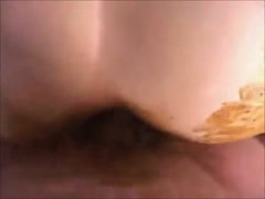 Teenage girl shits on a hairy man's dick after he bangs her ass.